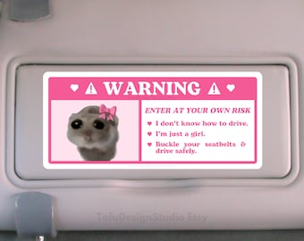 Sad Hamster Meme Car Warning Sticker | Cute Pink Kawaii Girl Airbag Label, Car Accessories Decal | Waterproof Vinyl Sticker for Car Visors