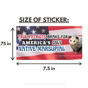 Pegatina para parachoques de coche con forma de zarigüeya / Patriotas auténticos, frenan ante el único marsupial nativo de Estados Unidos / Meme divertido de zarigüeya / Pegatina de vinilo resistente a la intemperie para coche STICKER 7.5" × 3.75"