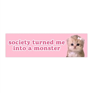 Sticker van de bumperauto van Meme van de kat | de maatschappij veranderde me in een monster| Pink Coquette, Bow Kitty schattige kawaii grappige autosticker | Vinylsticker auto