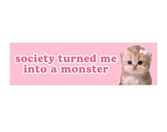 Cat Meme Car Bumper Sticker | society turned me into a monster| Pink Coquette, Bow Kitty Cute Kawaii Funny Car Decal | Car Vinyl Sticker