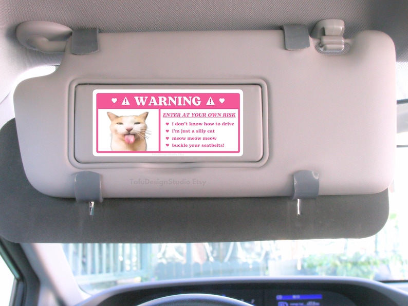 Silly Cat Meme Car Warning Sticker | Cute Funny Kitty, Caution Airbag Label, Kawaii Pink Car Accessory Decal | Vinyl Sticker for Car Visor