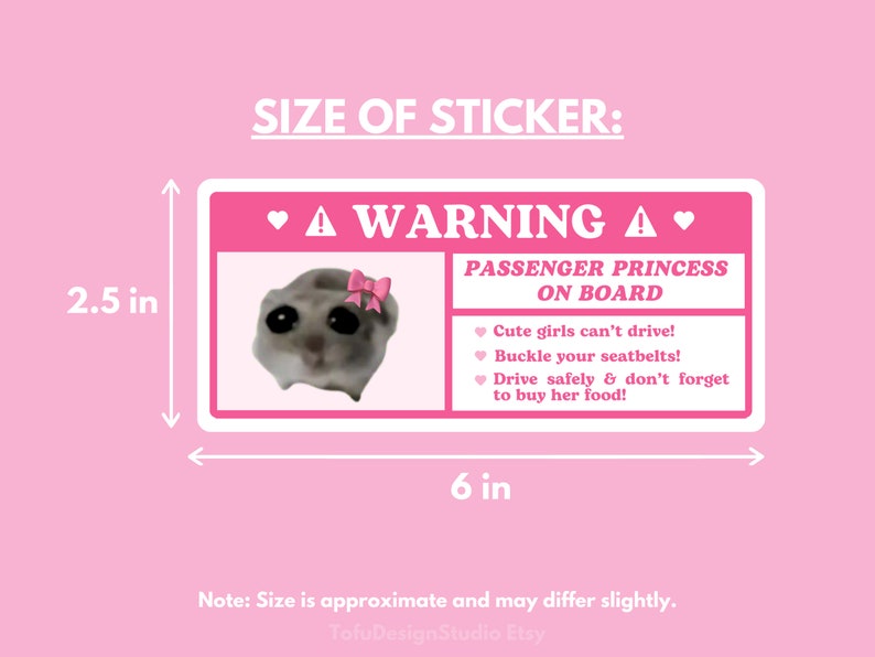 Cute Passenger Princess Car Warning Sticker | Sad Hamster Meme | Pink Kawaii Girl Airbag Label, Car Accessories | Vinyl Decal for Car Visor