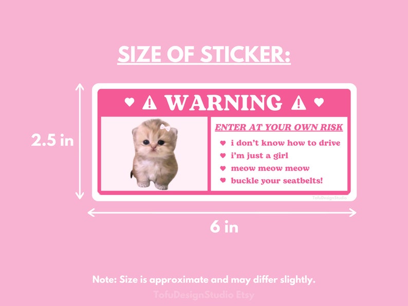 Cute Cat Car Warning Sticker | Pink Coquette Kitty Kawaii Girl Airbag Label, Car Accessories Decal | Waterproof Vinyl Sticker for Car Visor