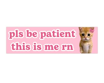 May include: Pink and white sticker with a cartoon cat with a pink bow and the text "pls be patient this is me rn".