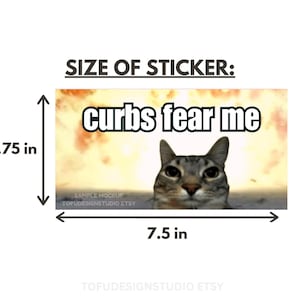 May include: A rectangular sticker featuring a brown tabby cat against a fiery orange explosion background with the text 'curbs fear me' in white letters with black outlines. The sticker measures 3.75 inches in height and 7.5 inches in width.