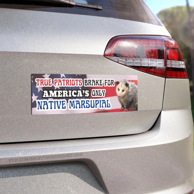 Possum Car Bumper MAGNET / True Patriots Brake For America's Only Native Marsupial | Funny Meme Opossum Animal USA Flag | Car Vinyl Magnet image 1