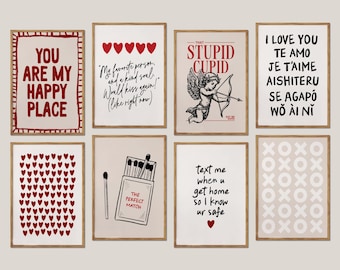 zestaw 8 wydruków walentynkowych | czarno-czerwony pakiet sztuki ściennej na walentynki | estetyczny prezent dla par | studioEmaré | sztuka ścienna do druku