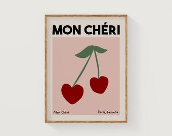 mon cheri | estetyczny modny różowy i czerwony francuski dziewczęcy plakat ścienny | studioEmaré | drukowana sztuka ścienna