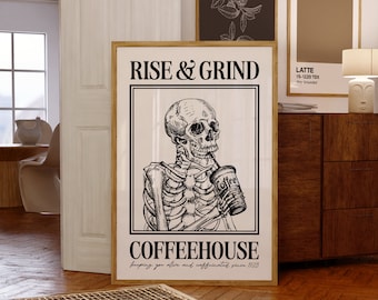 rise & grind coffeehouse | halloween coffee bar decor skeleton printable art | studioEmaré | printable wall art