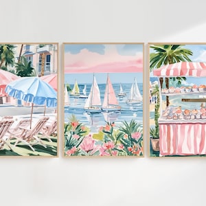 Pastel Pink and Blue Coastal Wall Art Collection | Set of 3 Preppy Girly Watercolor Digital Prints | Instant Download