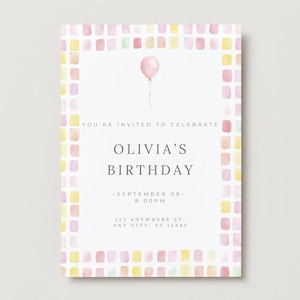Editable Birthday Invitation Canva Template | Watercolor Balloon Party Invite | Customizable Digital Download for Girls Birthday