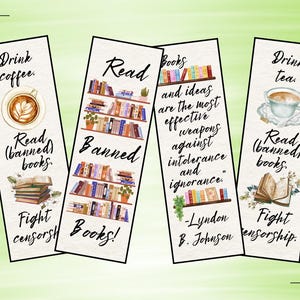 May include: A collection of six rectangular bookmarks with watercolor illustrations and text. The bookmarks feature images of coffee, tea, and books, with quotes about reading and censorship. The color scheme includes shades of green, brown, and white.