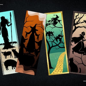 May include: A collection of six rectangular bookmarks with dark silhouettes of witches, queens, and other fantasy figures. Each bookmark has a unique background color and design, including trees, pigs, and a yellow brick road.