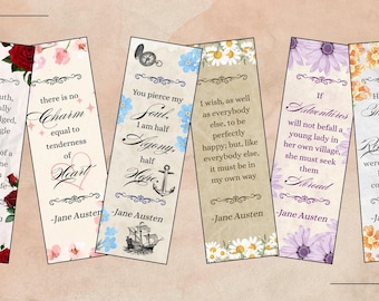 Könnte beinhalten: Sechs dekorative Lesezeichen mit Zitaten von Jane Austen. Jedes Lesezeichen hat ein einzigartiges Blumendesign, darunter Rosen, Gänseblümchen und Lavendel. Die Zitate sind in eleganten Schriftarten gedruckt.