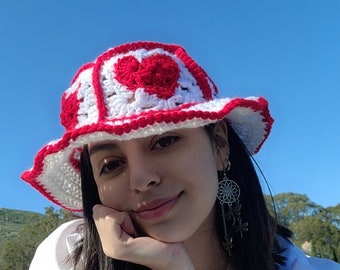 Crochet Valentines day bucket hat, red and white,one size, heart granny square, Handmade, knit, , made to order, hippie, winter, summer hat