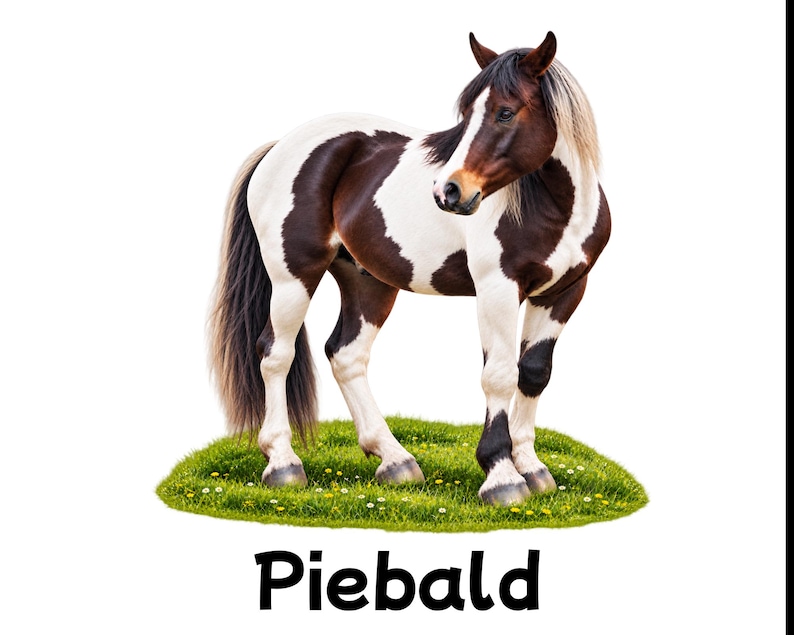 May include: A piebald horse with a dark brown and white coat pattern standing on a patch of green grass. The horse has a dark mane and tail with lighter highlights. The word Piebald is printed in black text below the horse on a white background.