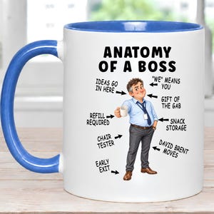 May include: A white ceramic mug with a blue handle and interior rim. The mug features a cartoon illustration of a person with text reading ANATOMY OF A BOSS, along with labels pointing to various body parts including IDEAS GO IN HERE and WE MEANS YOU.