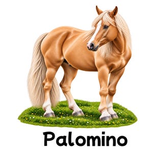 May include: A golden palomino horse with a white mane and tail, standing on a patch of green grass with small yellow flowers. The horse has a white blaze on its face and dark hooves. The word Palomino is printed in black text below the horse.