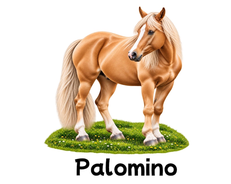 May include: A golden palomino horse with a white mane and tail, standing on a patch of green grass with small yellow flowers. The horse has a white blaze on its face and dark hooves. The word Palomino is printed in black text below the horse.