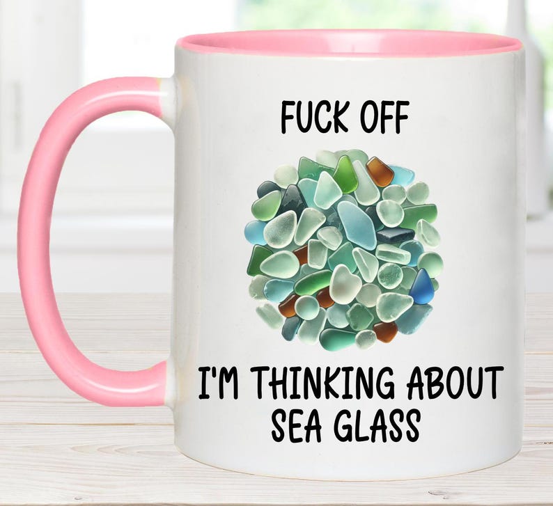 funny sea glass gift, funny mug, loves sea glass, sea glass hunter, loves crafting, sea glass, funny sea glass mug, searching for sea glass, Pink Mug