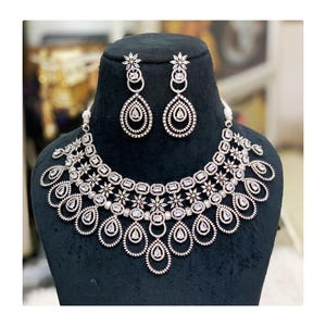 American DIAMOND Choker NECKLACE Set With Earring Combo, Cz Stone Made Designer, Indian Bridal Necklace, Dangle Earring Fashion Jewellery.