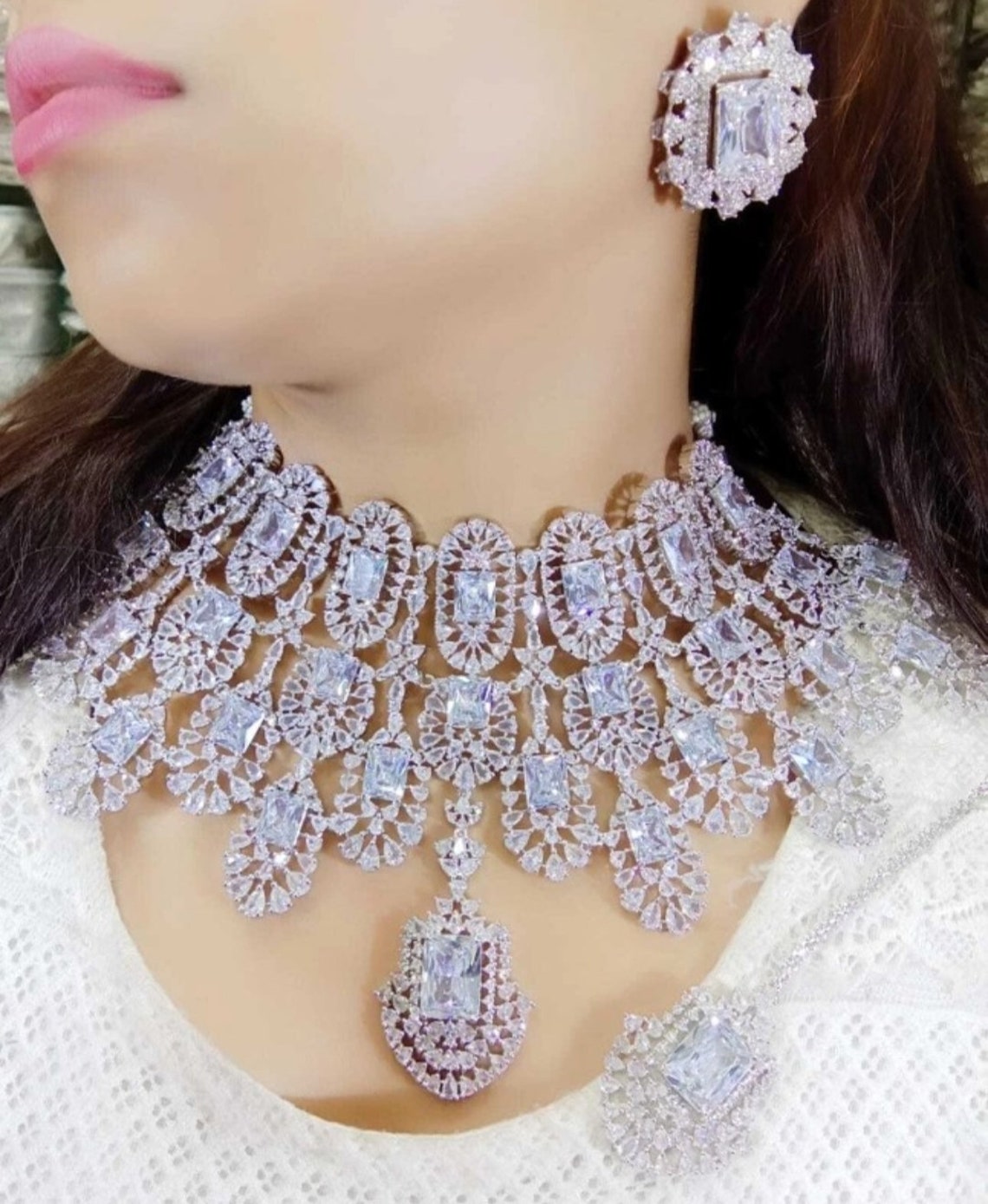 Kiara Advani Pattern Emerald CZ Diamond Bridal Necklace, American Diamond Wedding Necklace
