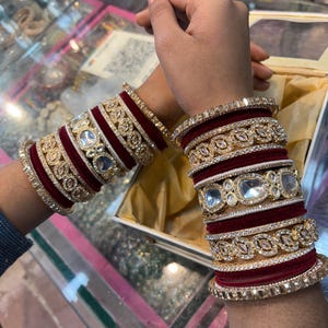 Indian Bridal Bangles for Women, Maroon Bridal Chuda, Elegant and Stylish Wedding Bangles, Kundan Bangles, Marriage Day Bangles, Chuda Set.