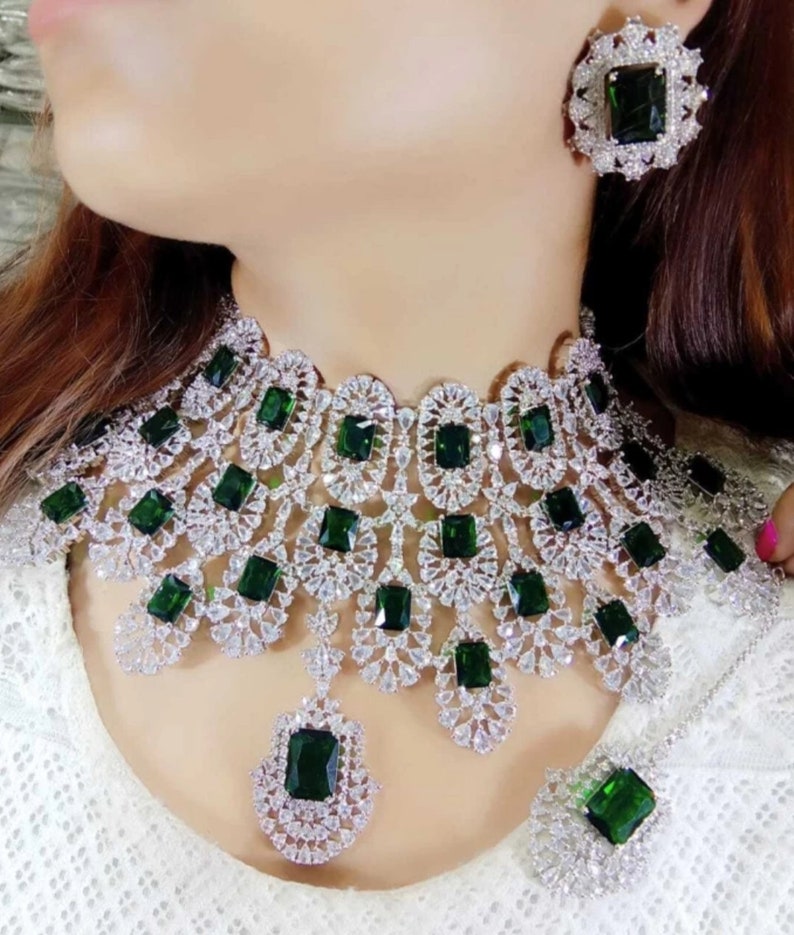 Kiara Advani Pattern Emerald CZ Diamond Bridal Necklace, American Diamond Wedding Necklace