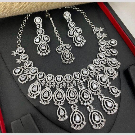 American Diamond Necklace Set, Indian Jewelry, CZ Necklace Set