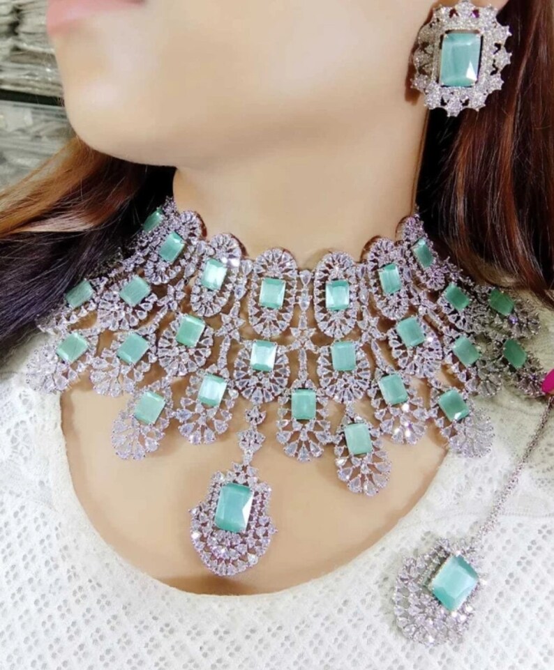 Kiara Advani Pattern Emerald CZ Diamond Bridal Necklace, American Diamond Wedding Necklace