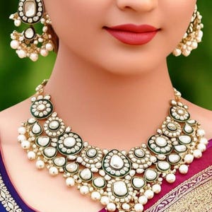 インドのクンダン ストーンとパールのネックレス セット、インドのジュエリー セット、ウェディング ジュエリー、女性用ファッション ジュエリー、クンダン ネックレスとイヤリングのコンボ。