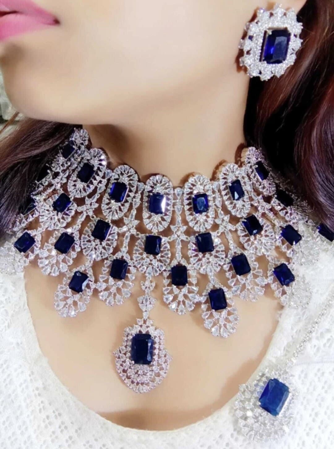 Kiara Advani Pattern Emerald CZ Diamond Bridal Necklace, American Diamond Wedding Necklace