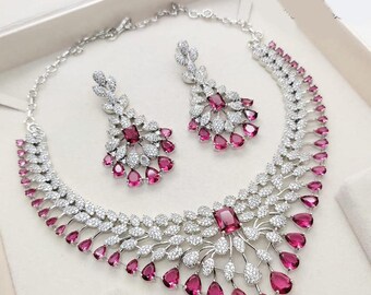 Bridal CZ Choker Set, Indian Jewelry, American Diamond Necklace Set, Cz Necklace Indian Bollywood Jewelry, AD Jewelry Set with Earrings.