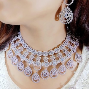 American Diamond Necklace Set / CZ Necklace/Indian Jewelry/ Reception Jewelry/ Bollywood Jewelry/ Statement Necklace Set/ Bridal Jewelry Set