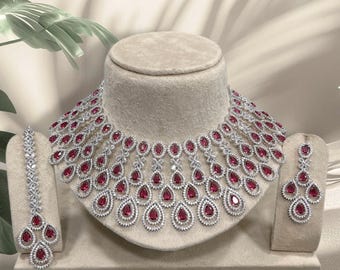 Hermoso conjunto de joyas de diamantes americanos para mujer, conjunto de collar con colgante de diamantes de imitación para novia, conjunto de joyas de boda, elegante joyería nupcial, collar con colgante y pendientes con colgante de diamantes de imitación.