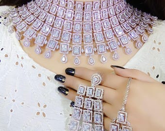 American Diamond Choker Necklace Set, AD Wedding Necklace, Bollywood Jewelry Set, Indian Bridal Necklace, Elegant Necklace Set, CZ Necklace.