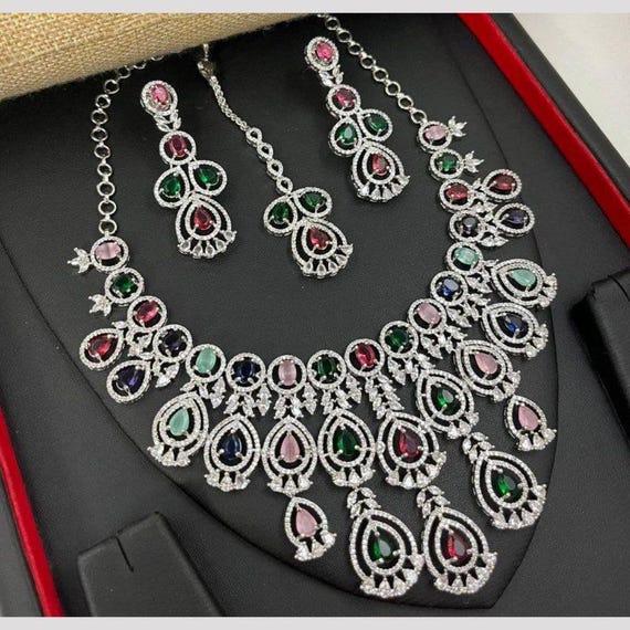 American Diamond Necklace Set, Indian Jewelry, CZ Necklace Set