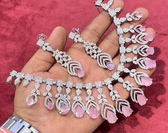 American Diamond Necklace Set / CZ Necklace/Indian Jewelry/ Reception Jewelry/ Bollywood Jewelry/ Statement Necklace Set/ Bridal Jewelry Set