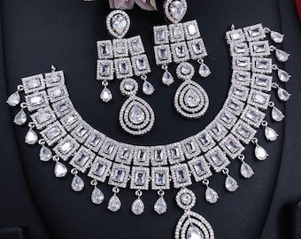Conjunto de joyas con encanto de diamantes americanos, conjunto de joyas para fiesta, conjunto de joyas nupciales para mujer, collar de circonita cúbica, conjunto de novia india, conjunto de Bollywood.