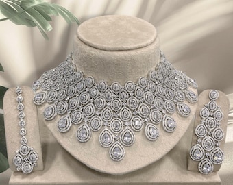Hermoso conjunto de joyas de diamantes americanos para mujer, conjunto de collar con colgante de diamantes de imitación para novia, conjunto de joyas de boda, elegante joyería nupcial, collar con colgante y pendientes con colgante de diamantes de imitación.