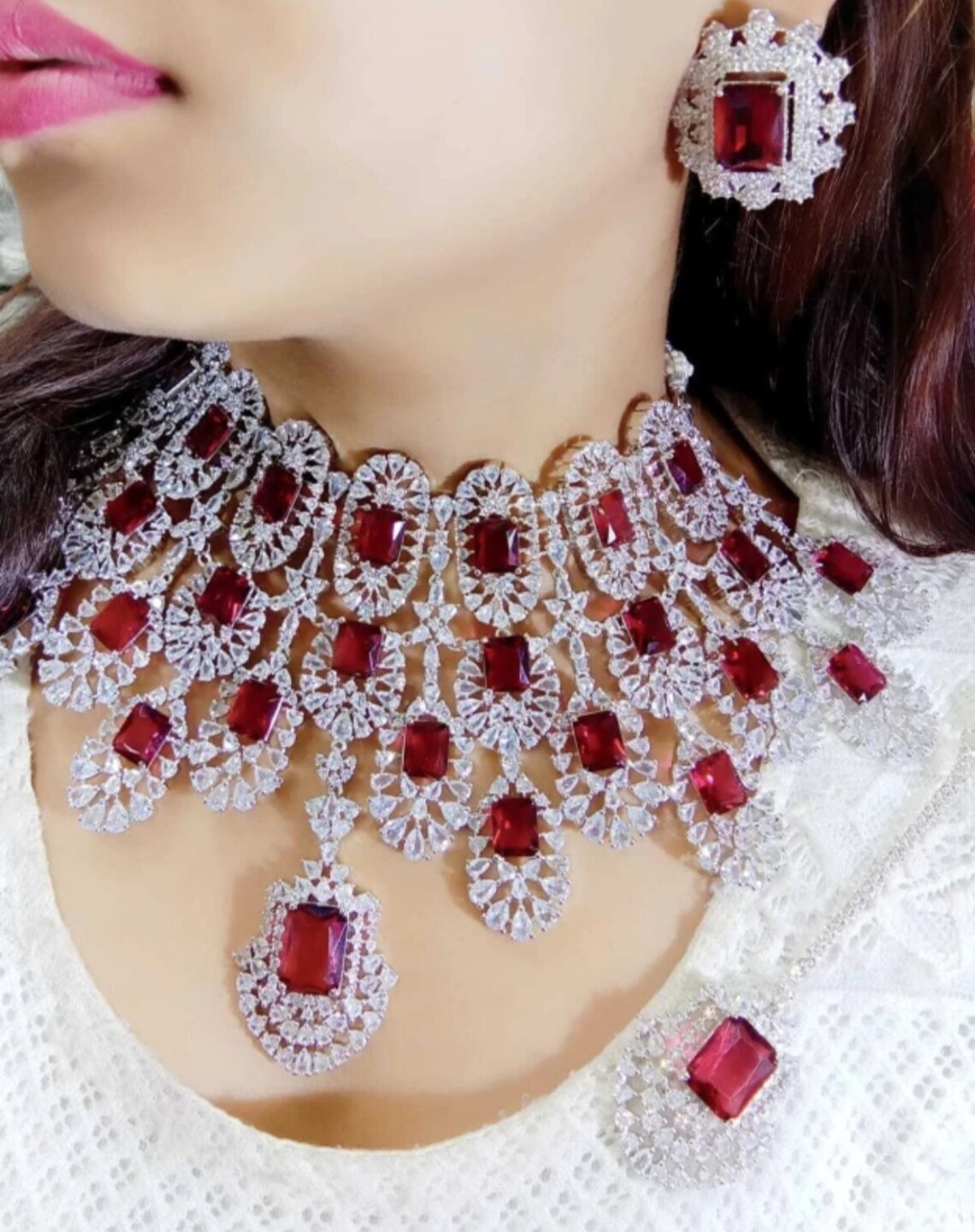 Kiara Advani Pattern Emerald CZ Diamond Bridal Necklace, American Diamond Wedding Necklace