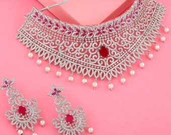 Rhodium Plated Cubic Zirconia Jewelry Set, Bridal Jewelry Set, American Diamond Jewelry Set, Emerald Necklace Set, CZ Necklace and earring