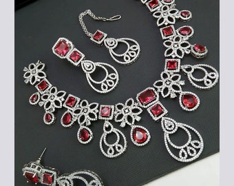 Elegante conjunto de colar de diamantes americano de alta qualidade, conjunto de colar Cz, joias de casamento, colar CZ, joias indianas, joias de noiva, conjunto de anúncios