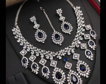 American Diamond Necklace Set /CZ Necklace/Indian Jewelry/ Reception Jewelry/ Bollywood Jewelry/ Statement Necklace Set/Silver Green jewelry