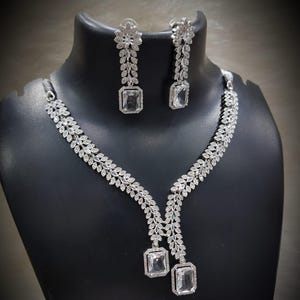 Beautiful American Diamond Necklace Set, Indian Bridal jewellery Cz Diamond look alike Necklace and earrings, High quality AD jewellery Set.