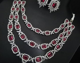 American Diamond High Quality Necklace set, Cz Diamond Emerald Necklace Set, Wedding jewellery, CZ Necklace and earring, Indian jewellery