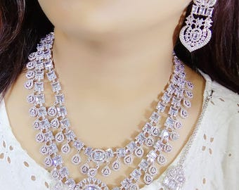 American Diamond Pendant Necklace with Earrings and Maangtika, Wedding Jewelry Set, Indian Jewelry Set, AD Necklace, CZ Zirconia Jewelry Set