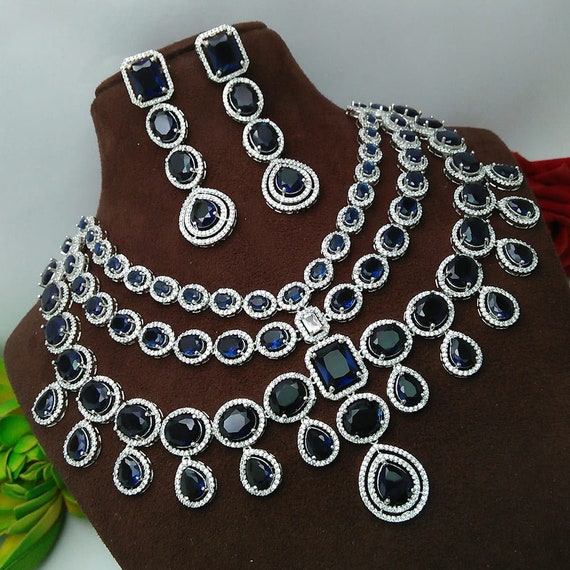 Elegant and High quality American Diamond three Layered Jewelry Set, AD Necklace With Earrings, AD Necklace Set, Bridal Jewelry,Indian Jewel