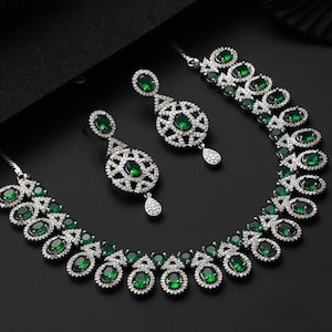 Silver Plated American Diamond Studded Necklace and Earrings Set, Indian Jewelry, Bollywood Jewelry, Bridal Jewelry, CZ Jewelry, AD Jewelry.