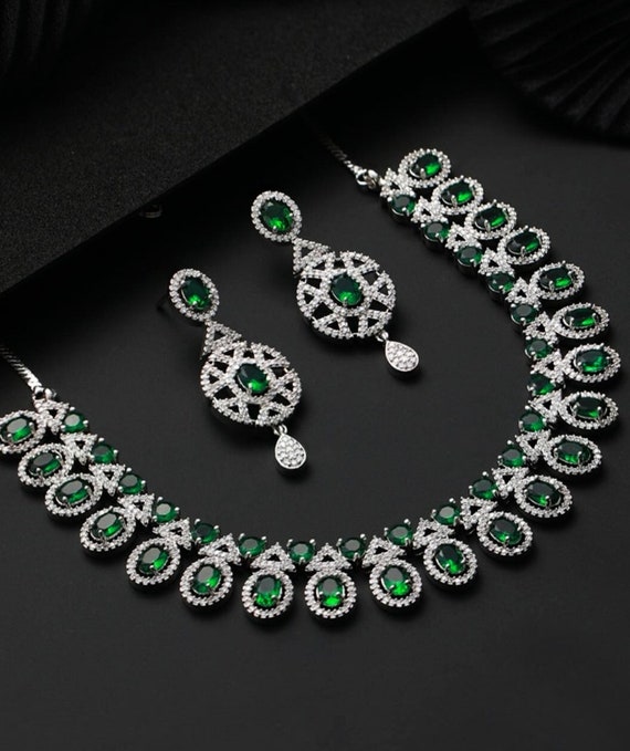 Silver Plated American Diamond Studded Necklace and Earrings Set, Indian  Jewelry, Bollywood Jewelry, Bridal Jewelry, CZ Jewelry, AD